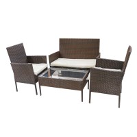 جلسة خيزران طقم كنب خوص 4 اشخاص مع طاولة لون بني