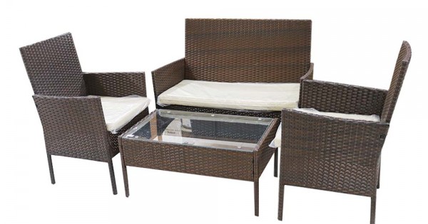 جلسة خيزران طقم كنب خوص 4 اشخاص مع طاولة لون بني