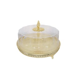 صينية تقديم دائرية  - صحن تقديم ذهبي بغطاء شفاف  اكريلك مقاس 37 سم غطاء شفاف بعمق 10.5 سم 